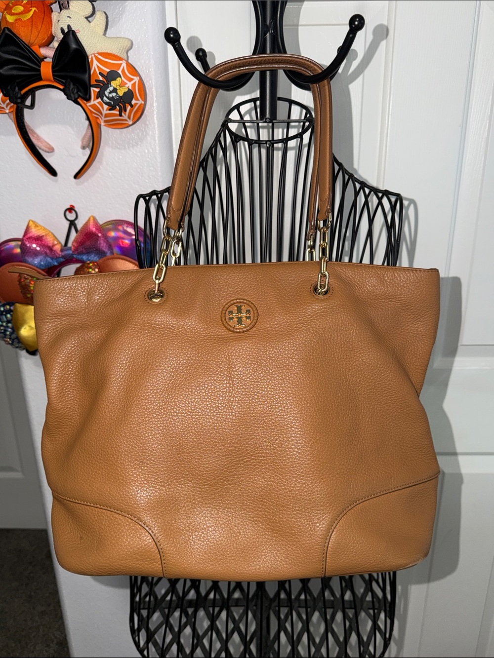 Tory Burch Cognac Pebbled Leather Tote with Gold Hardware